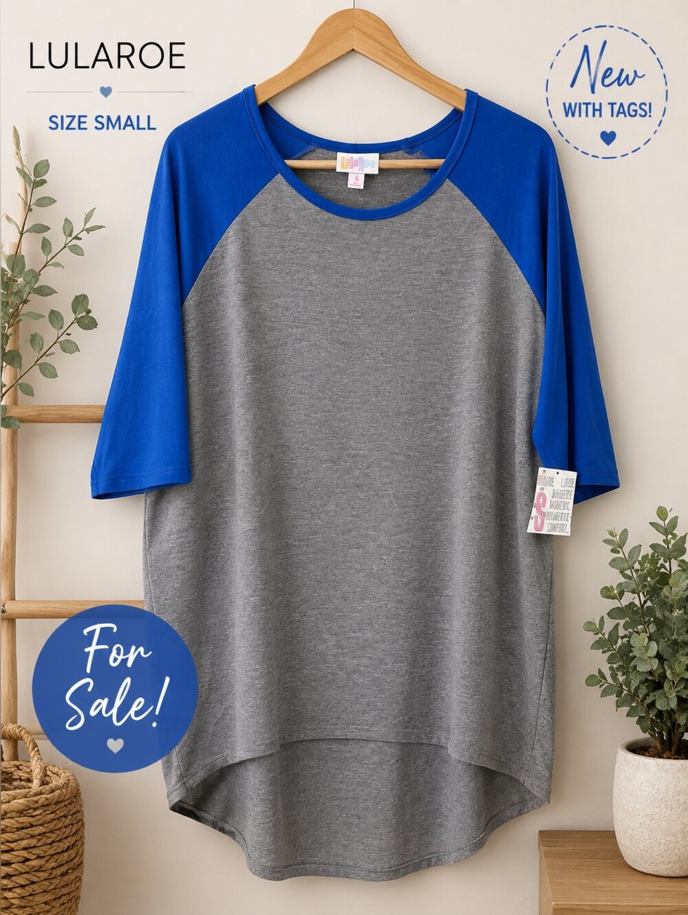 LuLaRoe Gray Tee with Royal Blue Raglan Sleeves